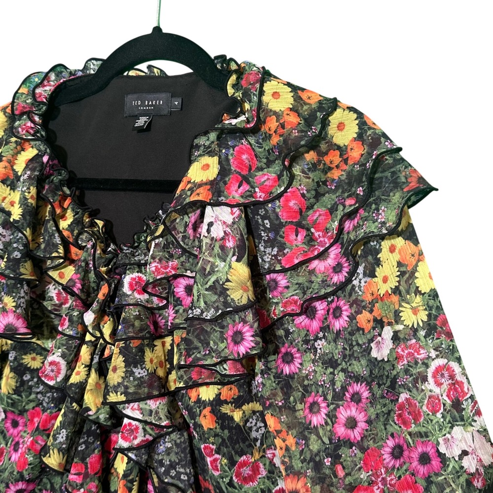 Ted Baker Amell Floral Ruffle Blouse Black Garden Print‎ Cottagecore Sz 4 US 10 - Picture 7 of 16